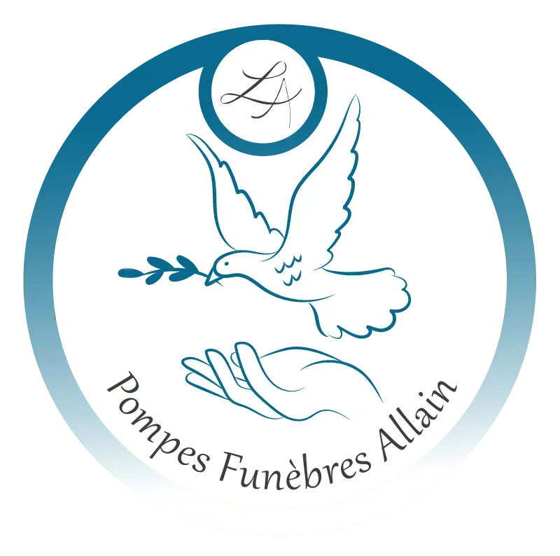 Logo rond Pompes Funèbres Allain, colombe, branche d'olivier et main.